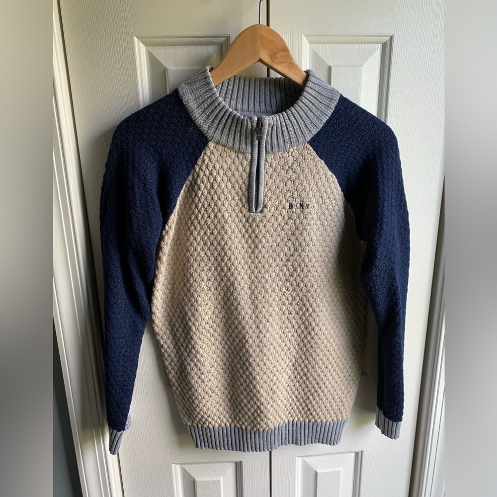 DKNY Boys Blue Beige 1/4 Zipper Long Sleeve Knit Mock Neck Sweater Size Large